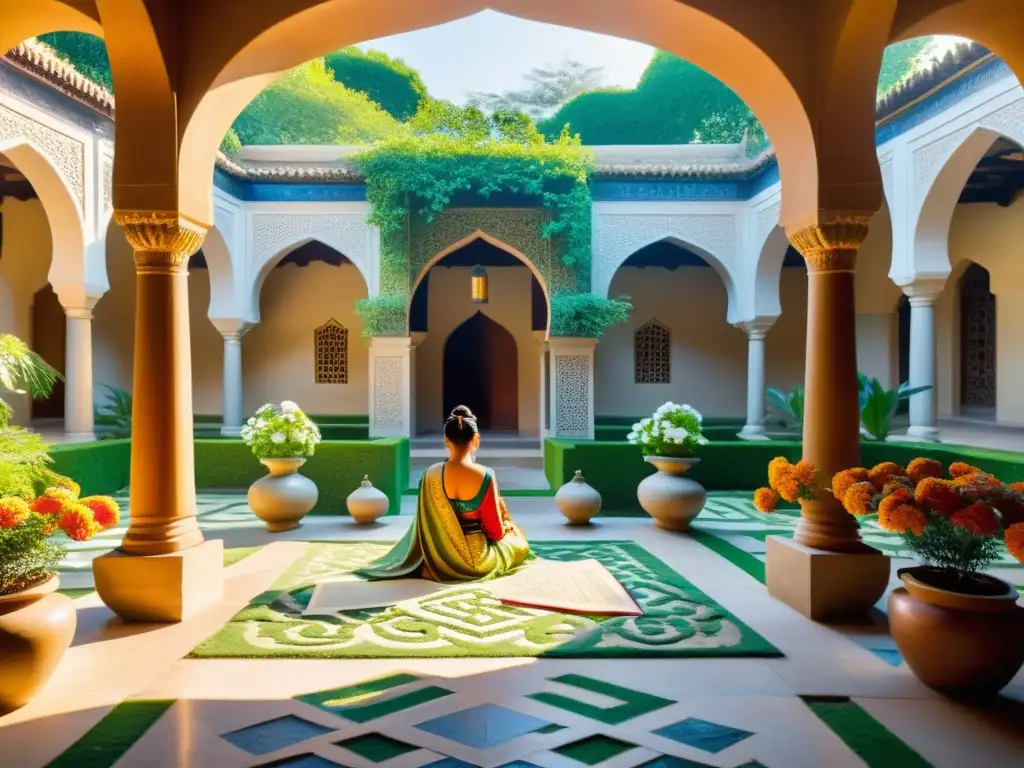 Influencia del sufismo en literatura: Patio tranquilo, luz solar, figura leyendo entre plantas exuberantes y patrones geométricos