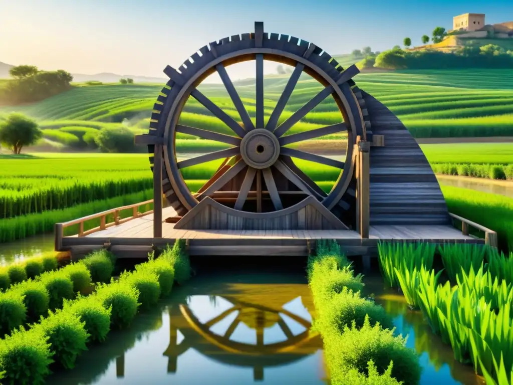 Un ingenio hidráulico musulmán antiguo en AlÁndalus, rodeado de campos verdes y canales, bajo el cálido sol