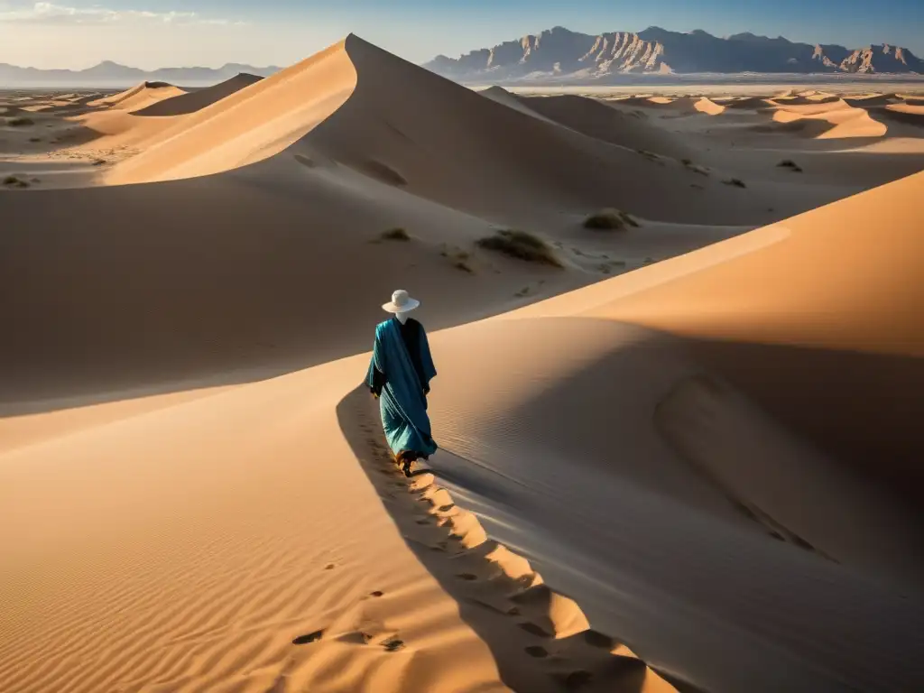 Inmensidad del desierto con dunas y figura solitaria, evocando la influencia de la poesía preislámica en el mundo árabe