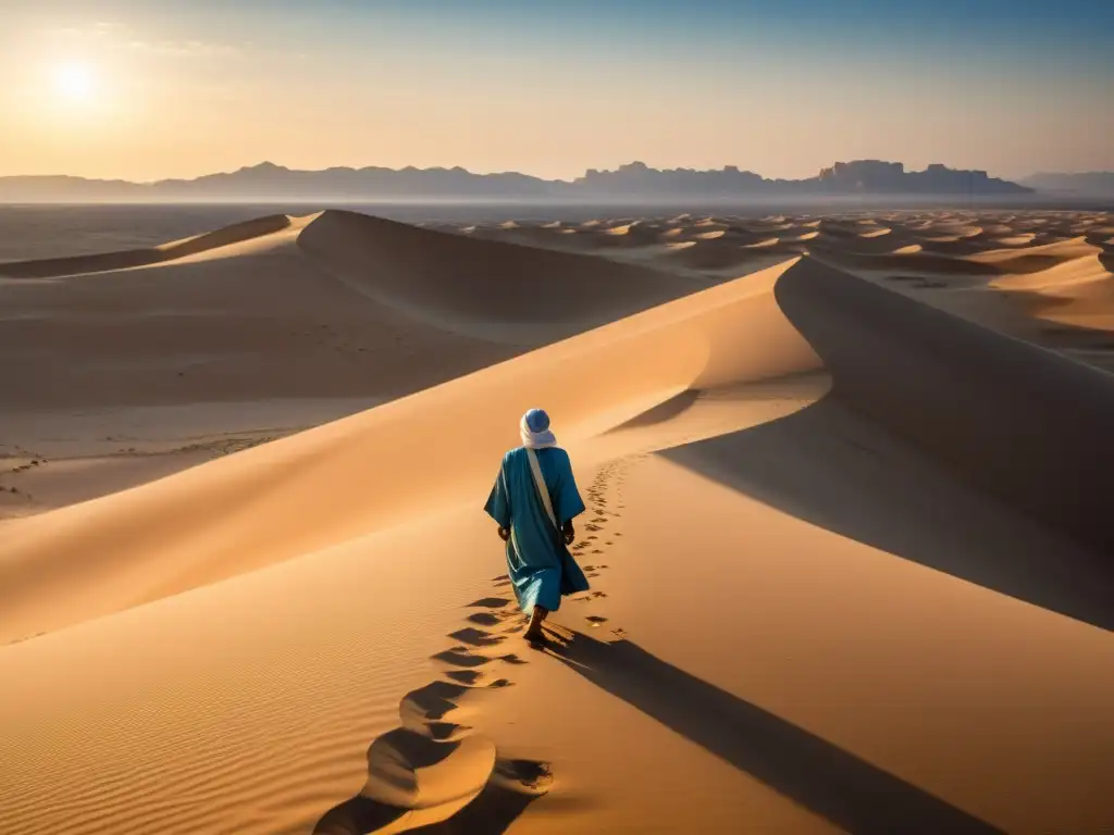 Inmensidad dorada del desierto, influencia de la poesía preislámica en cada detalle, figura solitaria en la distancia