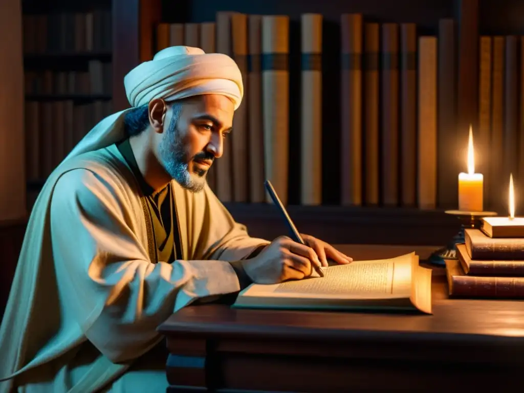 Ibn Khaldun inmerso en el análisis sociológico de civilizaciones, rodeado de antiguos textos en un estudio iluminado por velas