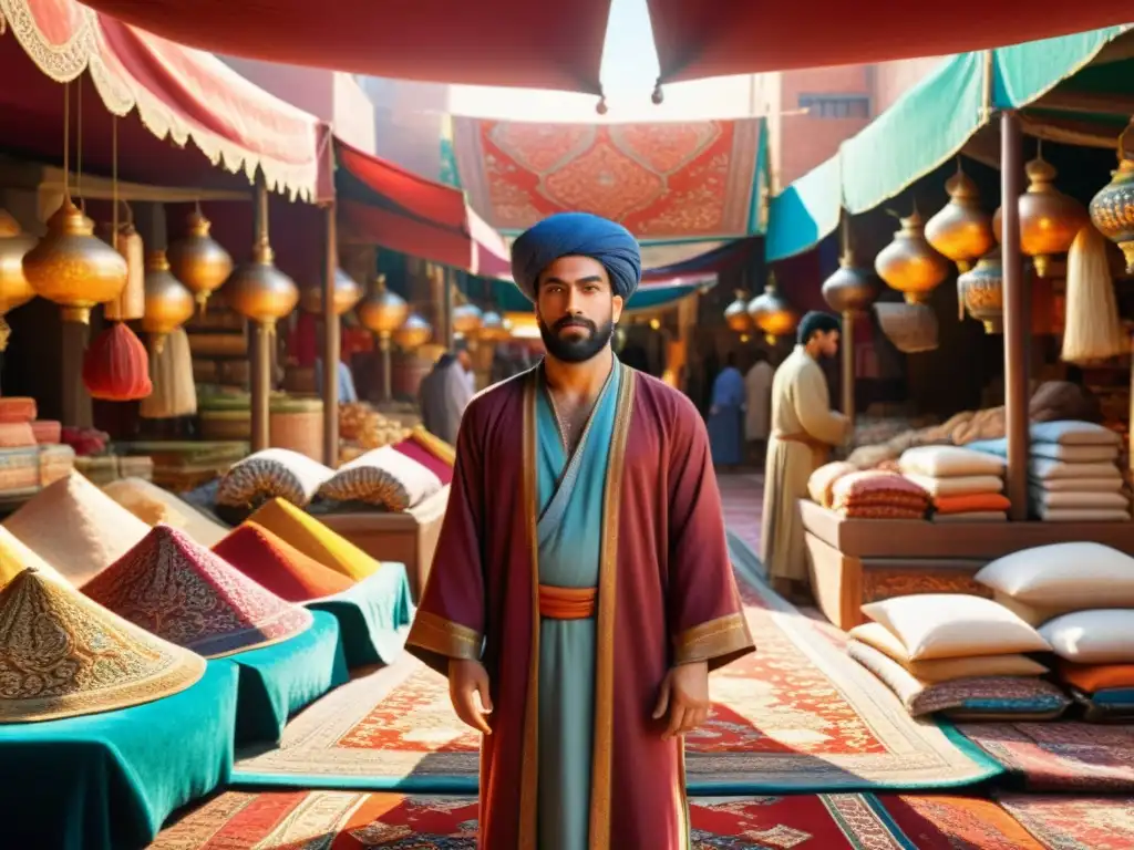 Ibn Battuta inmerso en un bullicioso mercado persa, capturando el impacto islámico en su viaje, rodeado de alfombras, especias y textiles coloridos