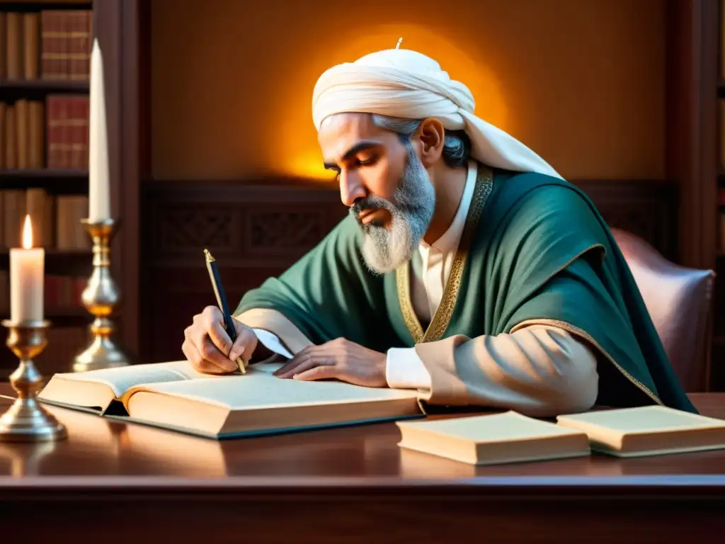 Averroes, el filósofo andalusí, inmerso en la escritura en un estudio iluminado por velas, rodeado de antiguos manuscritos y pergaminos