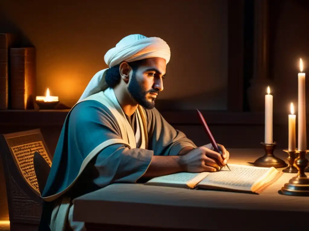 Ibn alHaytham inmerso en su estudio, contemplando su revolucionaria teoría de visión bajo la cálido resplandor de las velas