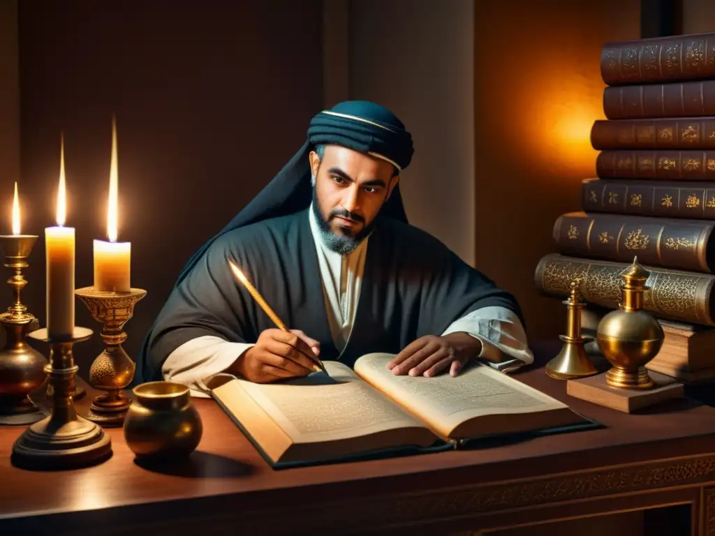 Ibn alHaytham inmerso en su estudio, rodeado de instrumentos científicos y pergaminos antiguos bajo la cálida luz de las velas