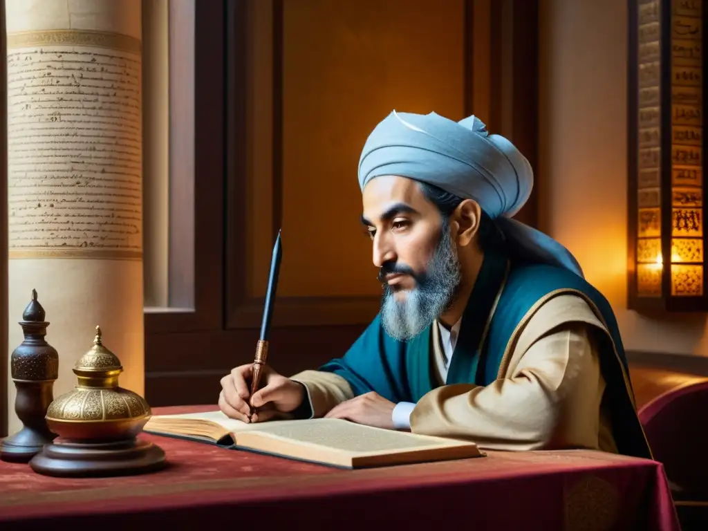 Ibn Sina inmerso en su estudio, rodeado de manuscritos antiguos y instrumentos científicos