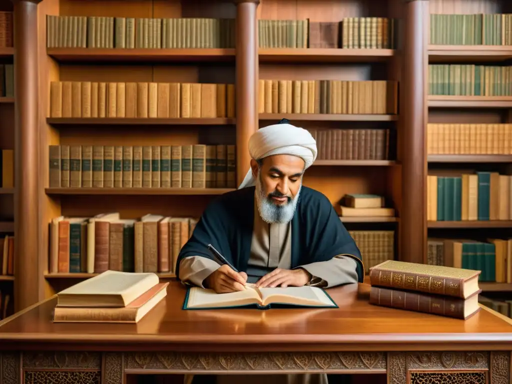 Ibn Khaldun inmerso en la filosofía de la historia en el mundo islámico, rodeado de libros antiguos en su estudio iluminado