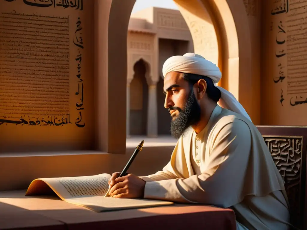 Ibn Tufail meditando entre textos islámicos Ibn Tufail inmerso en la filosofía islámica en la búsqueda de la verdad, rodeado de antiguos textos y pergaminos en una atmósfera cálida y dorada