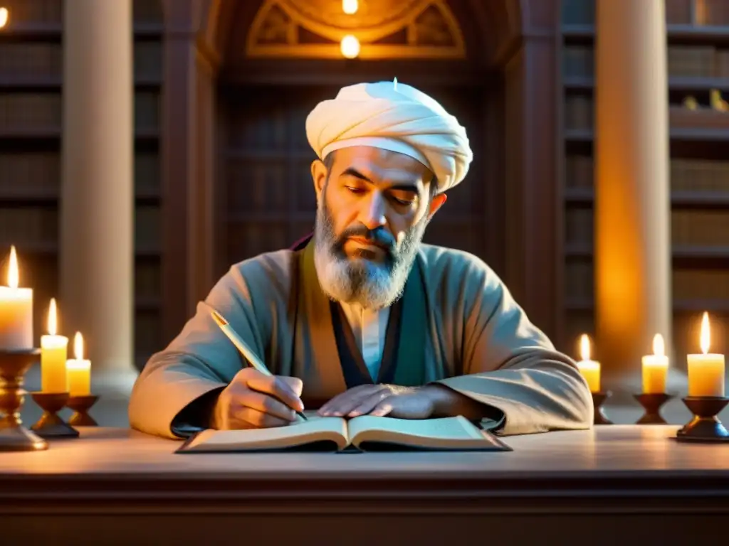 Avicenna inmerso en la intersección poesía filosofía islámica, rodeado de antiguos manuscritos en una biblioteca grandiosa iluminada por velas