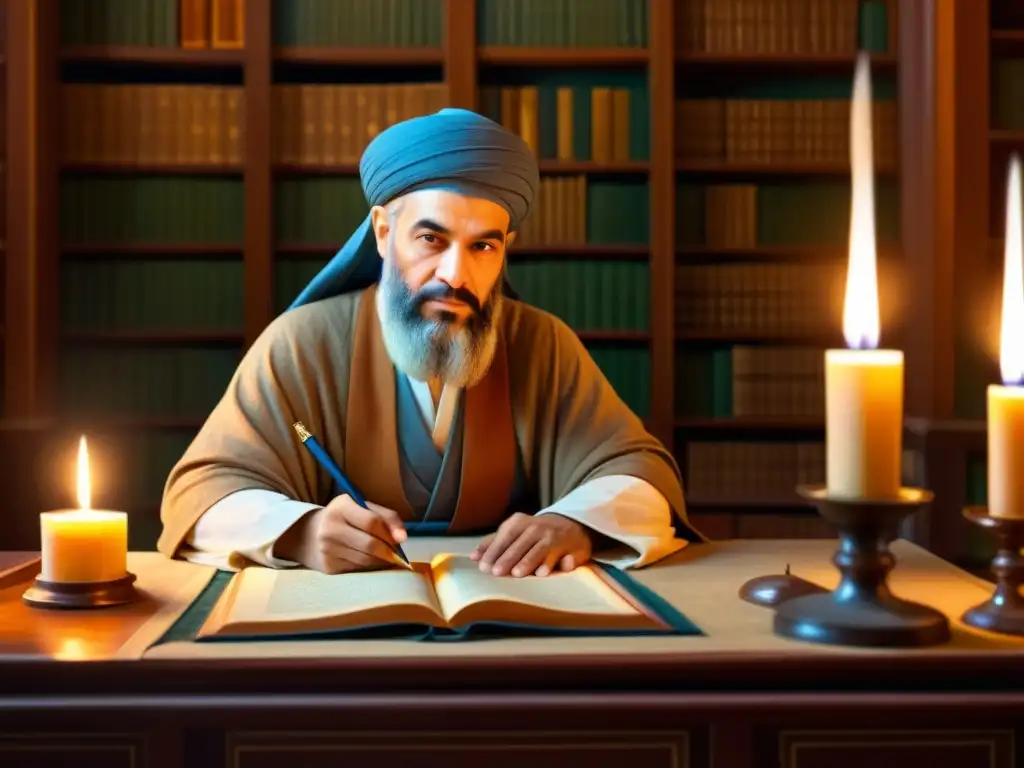 Ibn Sina inmerso en la medicina medieval, rodeado de manuscritos en una biblioteca ornamentada, iluminado por la luz de las velas