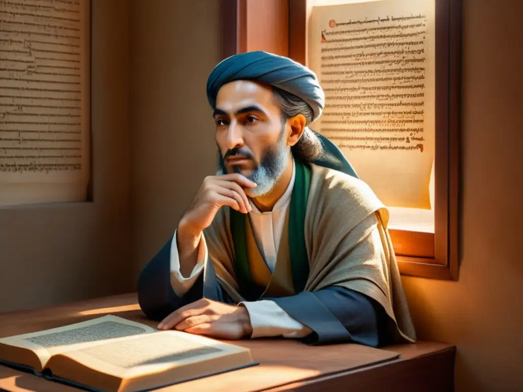 Ibn Sina inmerso en el método filosófico, rodeado de antiguos manuscritos, pensando profundamente mientras la luz cálida ilumina su rostro