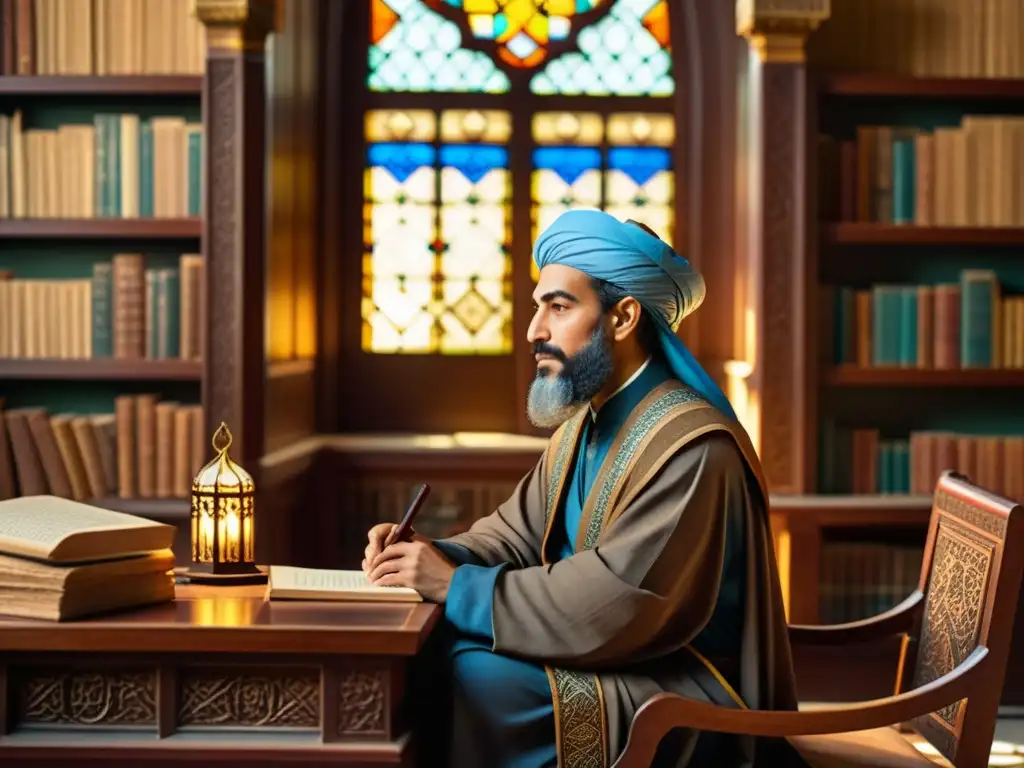 Ibn Sina inmerso en el método filosófico, rodeado de libros antiguos y luz cálida en una biblioteca lujosamente decorada