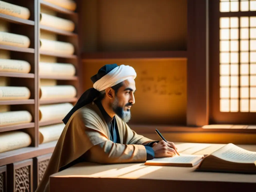 Ibn Sina inmerso en el método filosófico, rodeado de antiguos textos