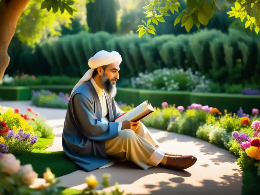 Avicenna en un jardín persa, inmerso en pensamientos, con un libro de poesía y una pluma, refleja la intersección de poesía y filosofía islámica