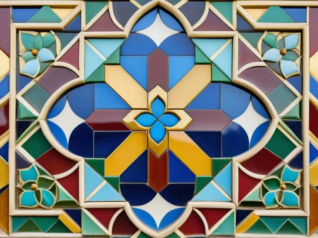 Inspiración islámica en arte occidental: Detalle vibrante de un intrincado mosaico en la Alhambra, con patrones geométricos en tonos tierra