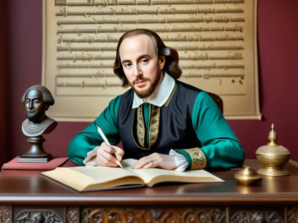 William Shakespeare inspirado por las referencias ocultas del Islam, rodeado de arte islámico mientras escribe en su escritorio