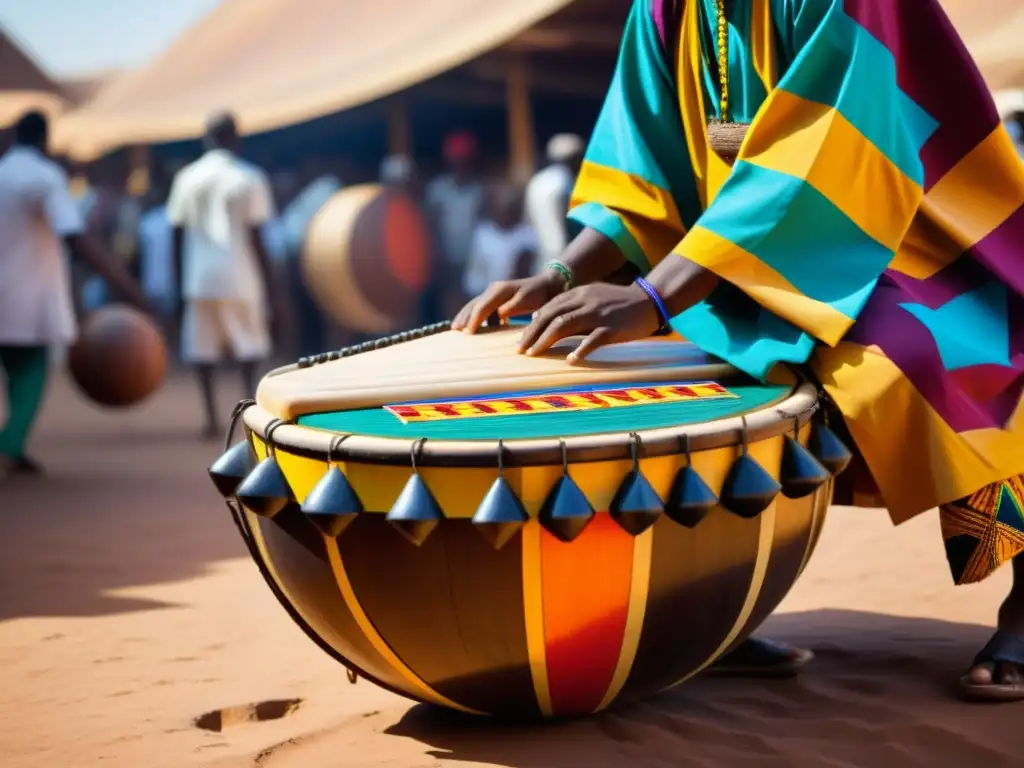 Un instrumento musical africano tradicional con influencia islámica, en un bullicioso mercado de una ciudad antigua, bañado por cálida luz solar