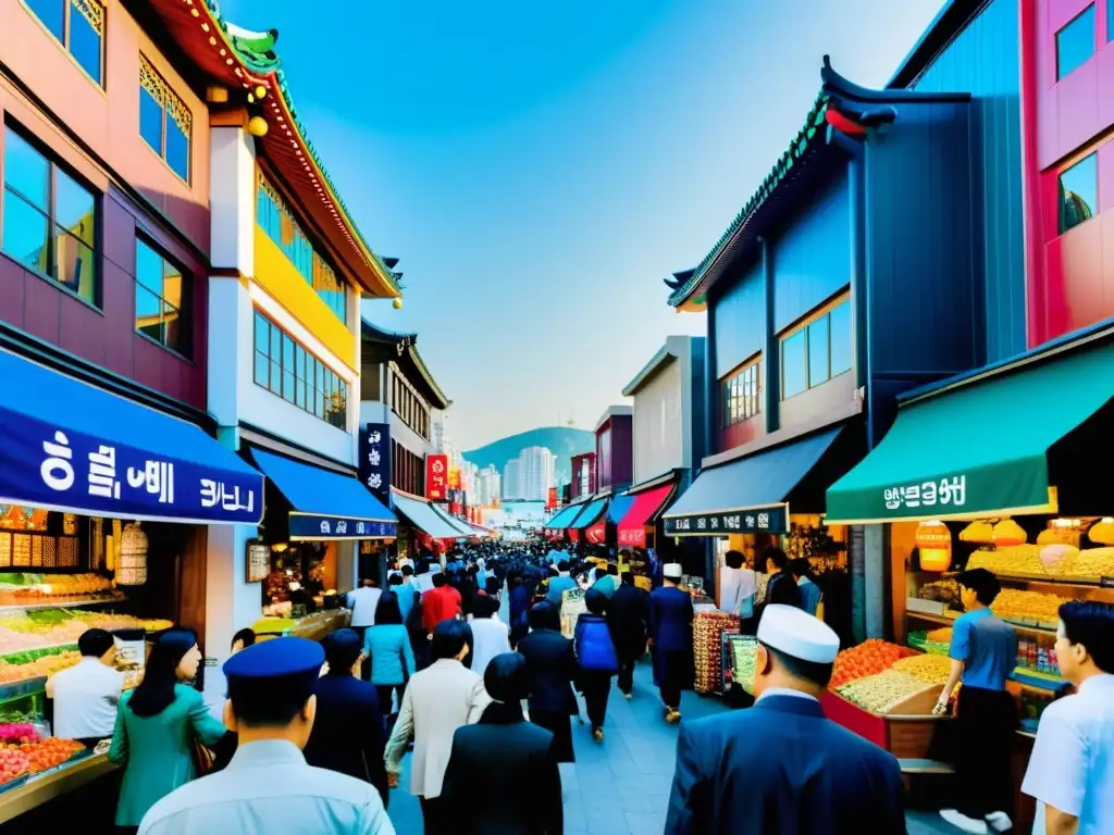 Integración comunidad musulmana Corea del Sur: Colorido escenario de Itaewon, con mercados halal, arquitectura tradicional y vibrante vida callejera