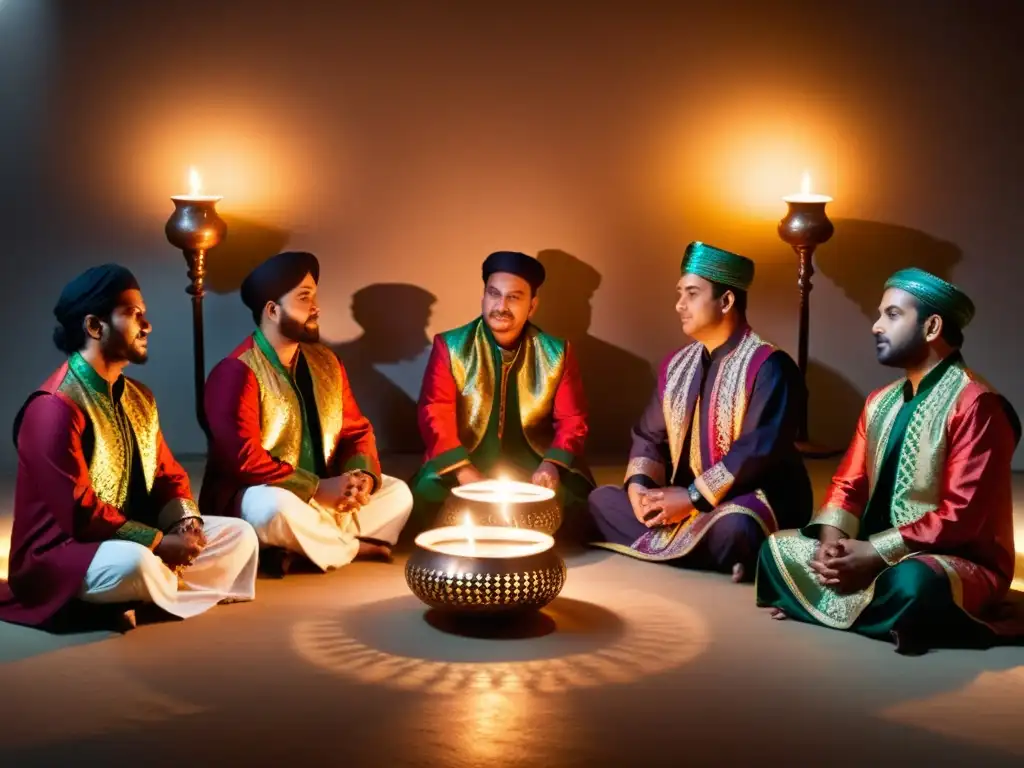 Intensa actuación de qawwali: músicos en atuendos vibrantes interpretan con pasión en un ambiente místico iluminado por velas