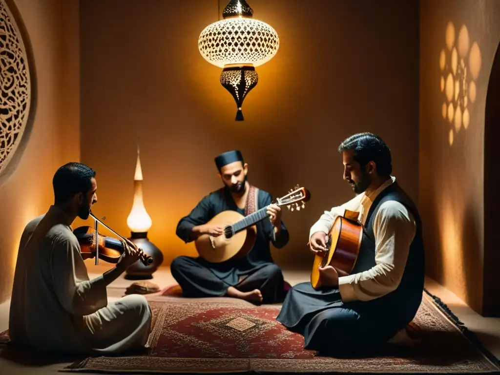 Intensidad musical en Oriente Medio: músicos ejecutan instrumentos tradicionales en una sala decorada, iluminada por cálidas linternas