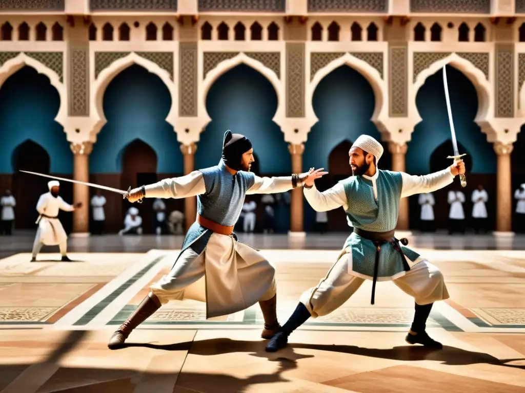 Un intenso combate de esgrima islámica en un antiguo y majestuoso escenario de mezquita, capturando la historia y la esencia de la esgrima islámica