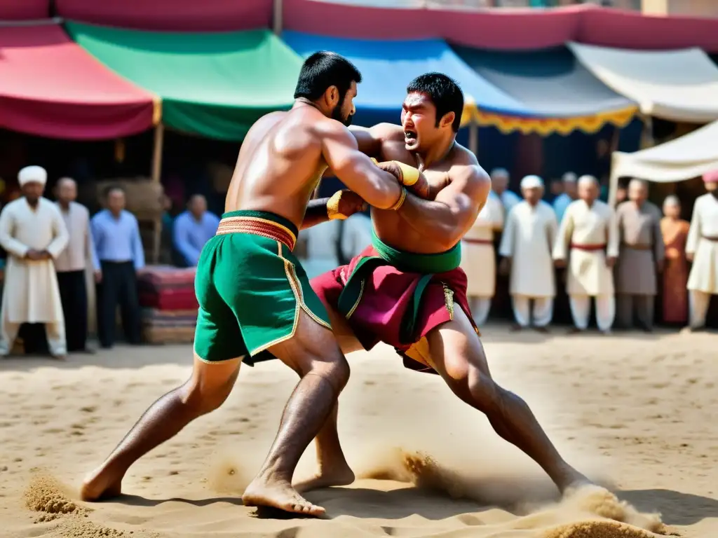 Intenso combate de luchadores de Kurash en un bullicioso bazar centroasiático