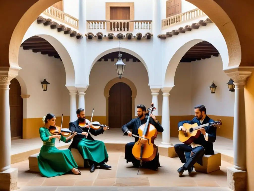 Intenso concierto de músicos andaluces en un patio histórico, capturando la influencia música andalusí Europa