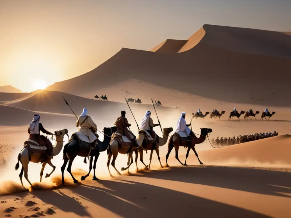 Intenso conflicto en la Batalla de Badr al atardecer, reflejando los albores del Islam