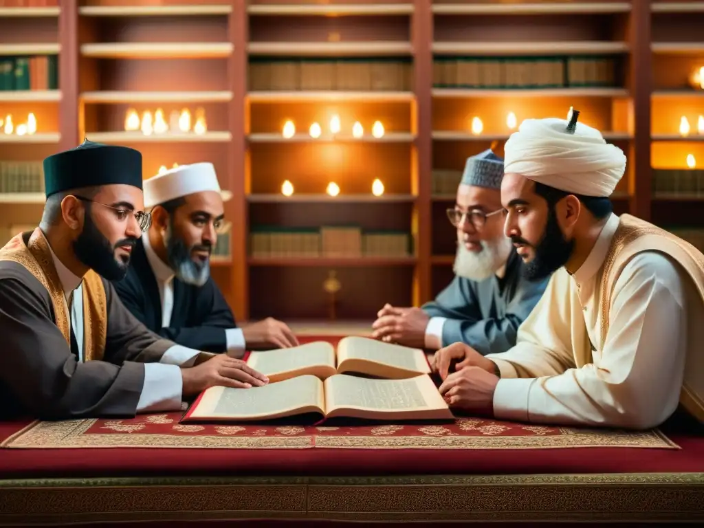 Debate intenso sobre hadiths en sala islámica Un intenso debate entre eruditos islámicos sobre las controversias del hadith, en un estudio tradicional con llamigrafía y vestimenta islámica