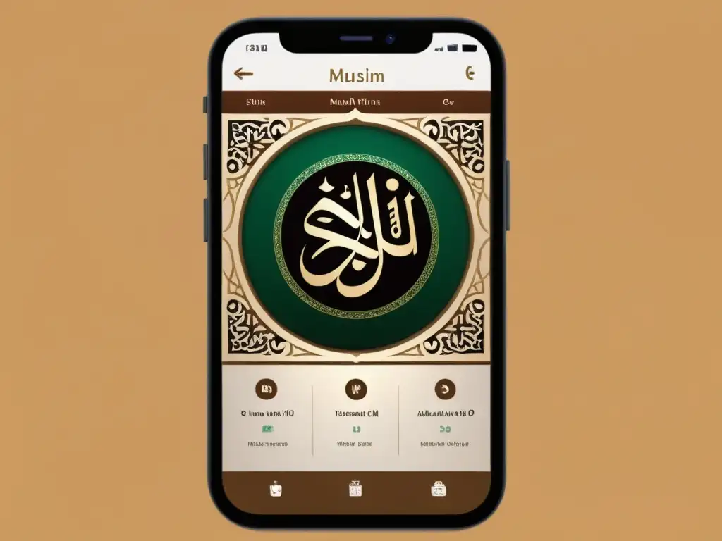 Interfaz de app de oración musulmana con funcionalidades únicas