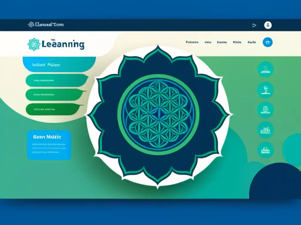 Interfaz moderna de elearning para estudios islámicos con diseño elegante y colores calmantes