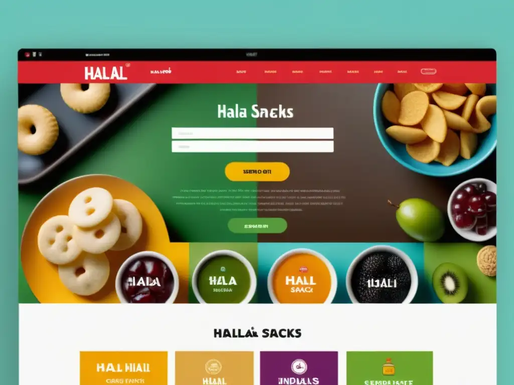 Interfaz de tienda online moderna para el mercado Halal con snacks vibrantes y clientes felices