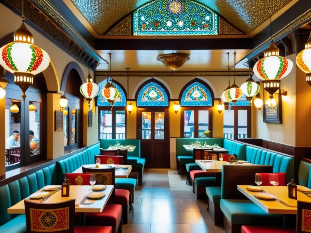 Interior acogedor de restaurante turco en Estambul con decoración tradicional, clientes disfrutando de auténticos platos Halal