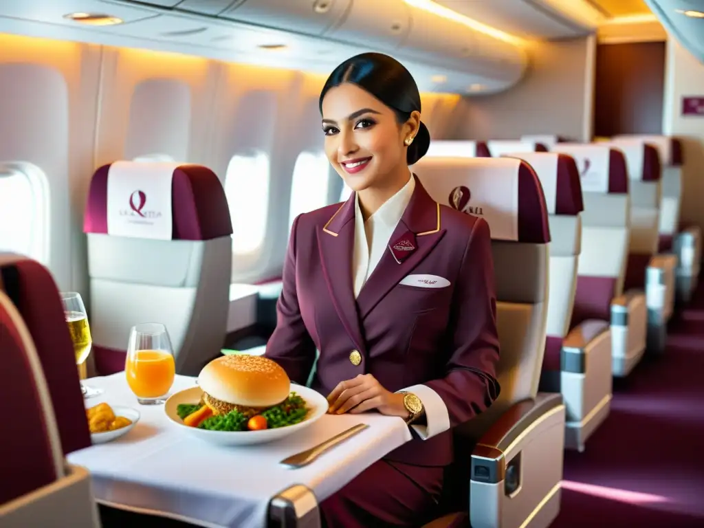 Interior de avión de Qatar Airways con servicio halal, platos deliciosos y tripulación atenta para una experiencia religiosamente inclusiva