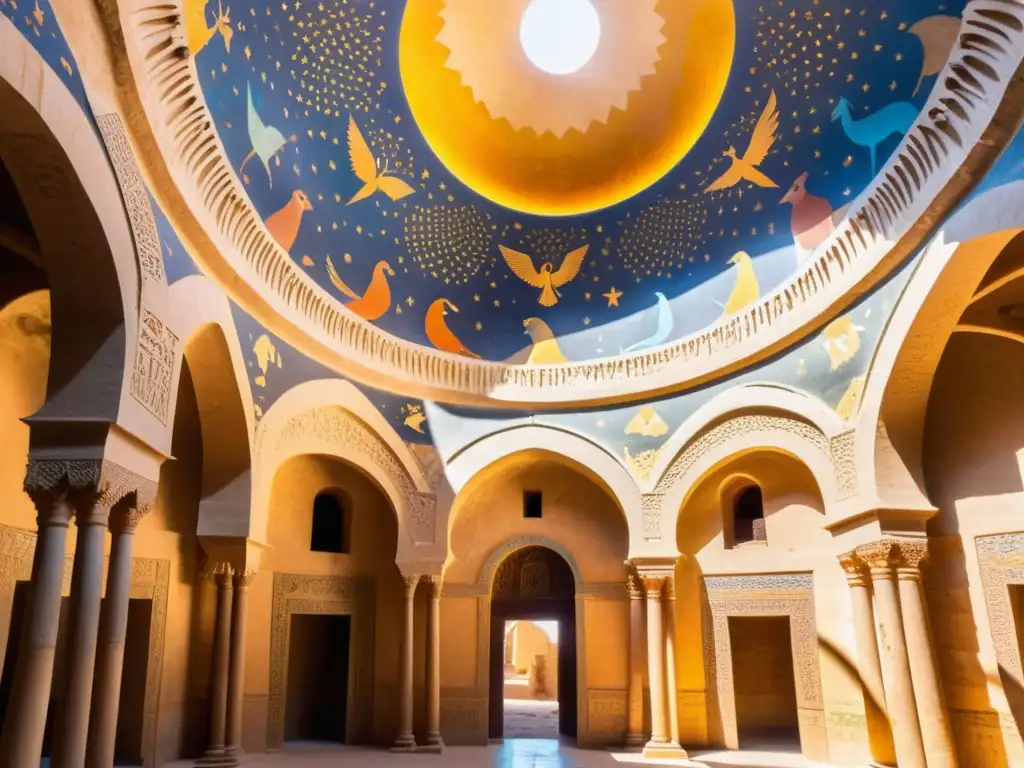 Interior de Qasr Amra, legado artístico califato omeya Jordania: frescos coloridos, luz dorada y atmósfera histórica