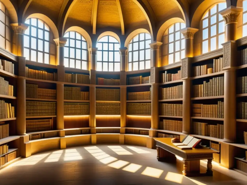 La Biblioteca de Alejandría: Un oasis de conocimiento islámico Interior de la antigua Biblioteca de Alejandría con libros y eruditos en Escuelas de química mundo islámico