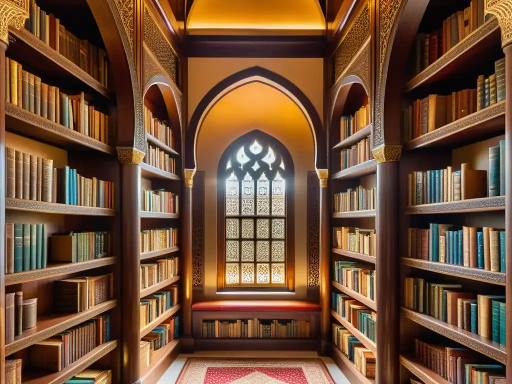 Interior de una biblioteca en mezquita histórica, con estanterías de madera tallada y antiguos textos