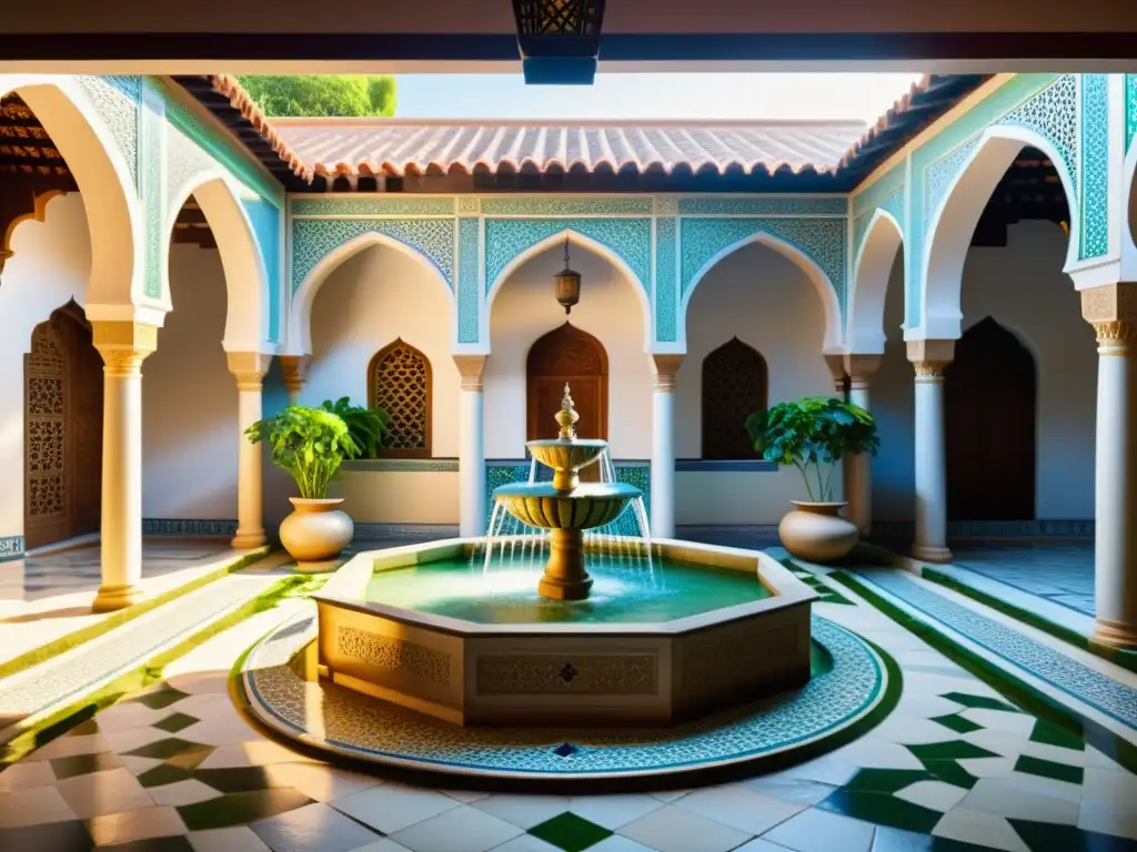 Interior de casa islámica con fuente ornamental y simbolismo agua decoración islámica, reflejando calma y significado espiritual