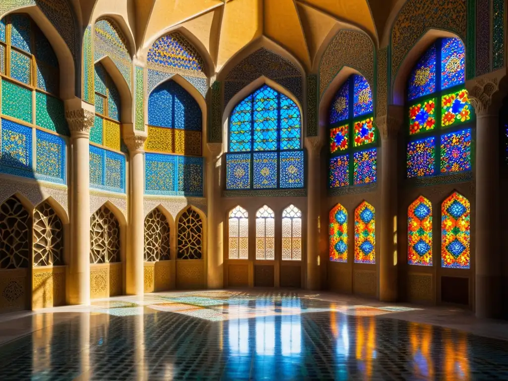 Interior colorido de la Mezquita Nasir alMulk en Shiraz, Irán, con patrones geométricos y luz solar