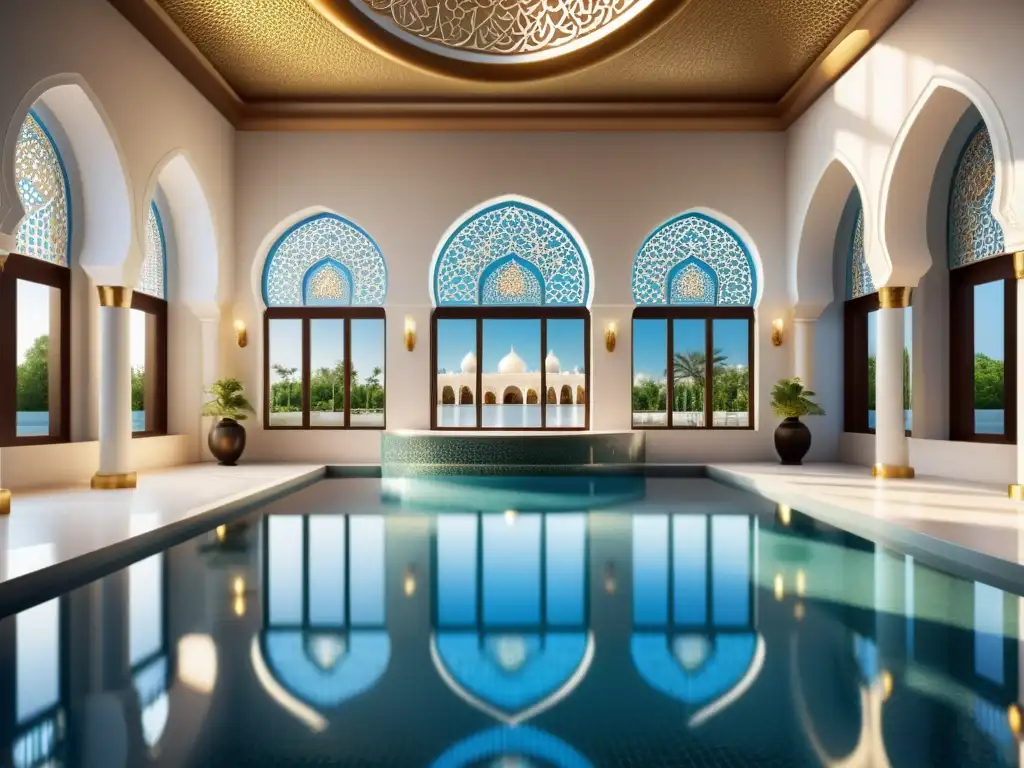 Interior contemporáneo de mezquita con diseño moderno y agua integrada, simbolizando el significado espiritual del agua en mezquitas