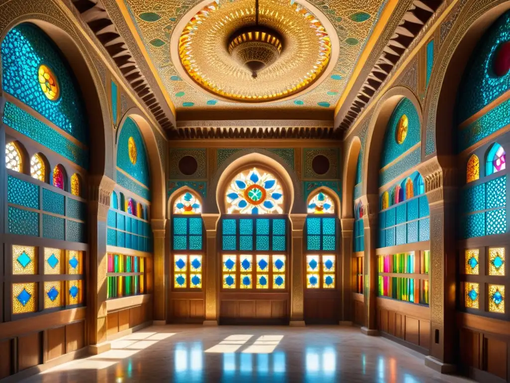 Interior lujosamente decorado de un palacio mameluco en Egipto con arquitectura medieval y detalles ornamentales impresionantes