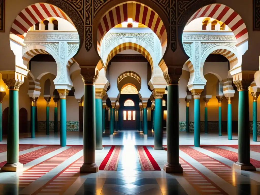 Interior deslumbrante de la Mezquita de Córdoba, con arcos de herradura, columnas rojas y blancas, y juego de luz y sombra