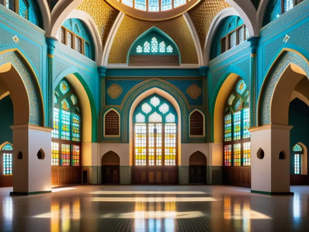 Interior detallado de una histórica mezquita en Argentina, con vitrales coloridos y la presencia islámica en Argentina