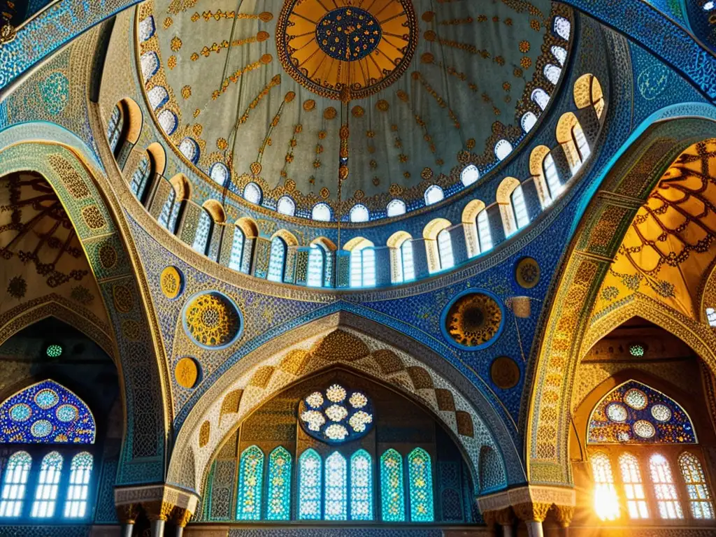 Interior detallado de la Mezquita Azul en Estambul, bañado en luz dorada