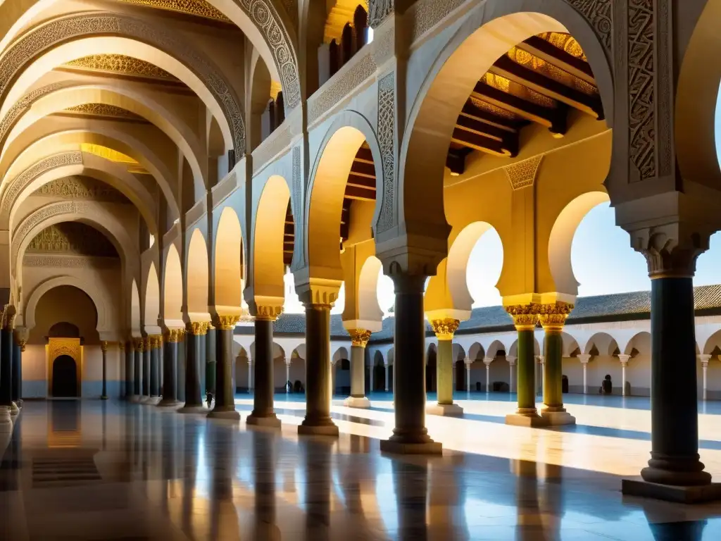 Interior de la Gran Mezquita de Córdoba con arcos de herradura, patrones geométricos y columnas ornamentadas