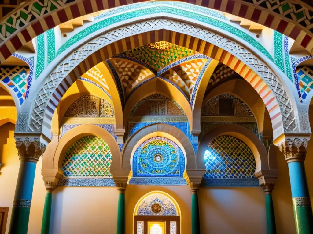 Interior de la Gran Mezquita de Córdoba, destaca la influencia de la arquitectura islámica en Europa con sus intrincados patrones y mosaicos coloridos