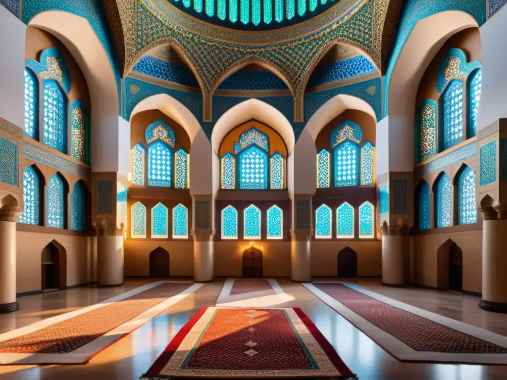 Interior de una histórica mezquita con patrones geométricos, luz natural y alfombras hacia el mihrab