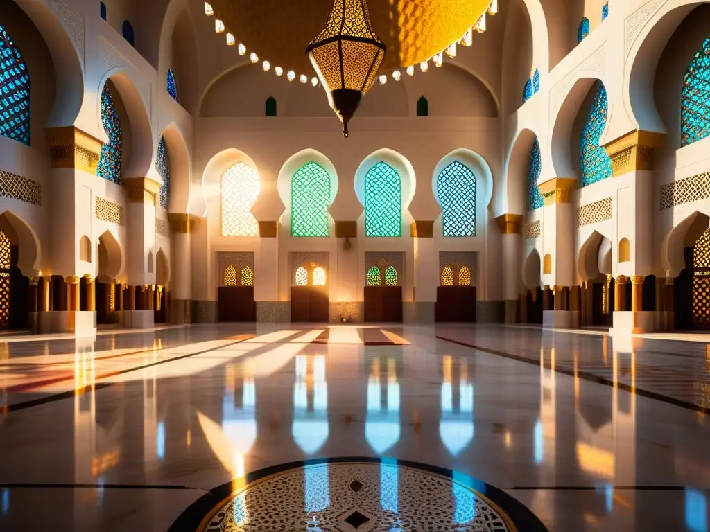 Interior impresionante de una gran mezquita con patrones geométricos y diseños árabes