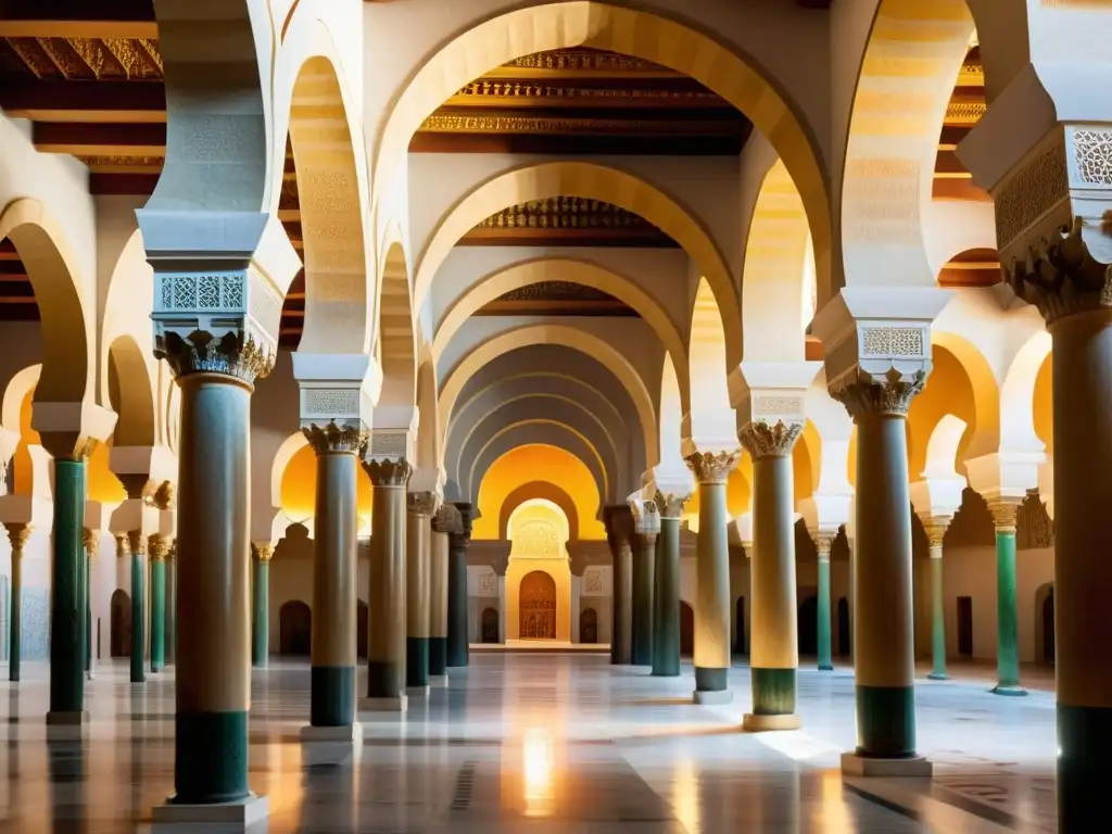 Interior impresionante de la Gran Mezquita de Córdoba, con sus arcos dobles, columnas decoradas y cálida luz