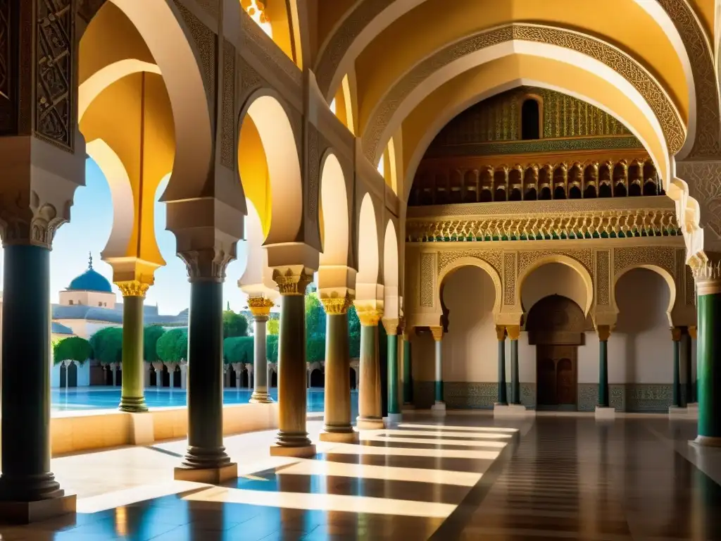 Interior impresionante de la Gran Mezquita de Córdoba con arcos y columnas decoradas de la Dinastía Omeya, reflejando su legado de arquitectura